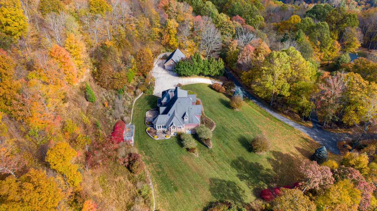 A wide view of the home's spacious green lawn surrounded by mature trees, with the driveway gently curving toward the house. The expansive outdoor area offers ample space for pets to roam and play, while also providing serene spots for family picnics or outdoor relaxation.